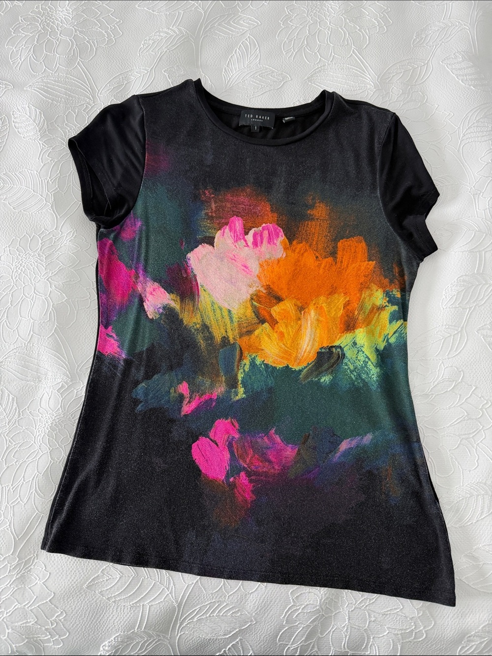 Ted Baker Black Tee with Pink, Orange & Yellow Floral Brushstrokes size 1